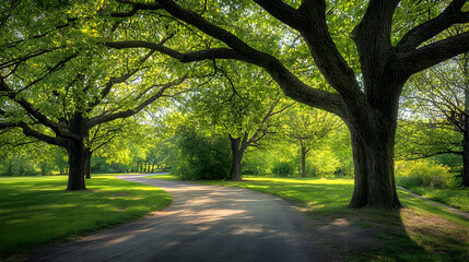 Fototapeta premium Sunlit Pathway Through Lush Green Trees