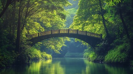 Fototapeta premium Misty forest path with a bridge crossing the river