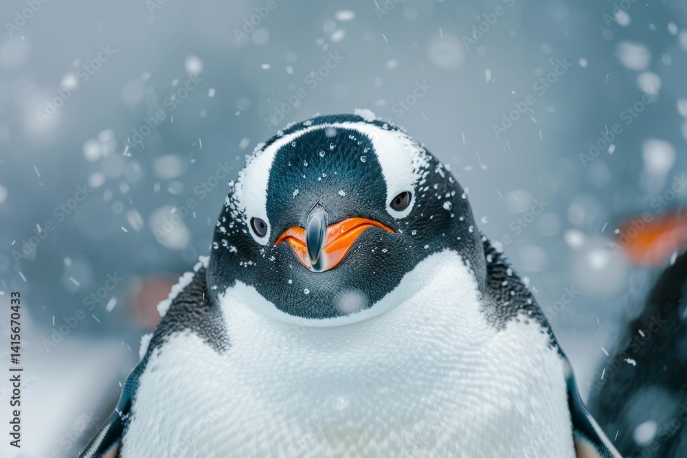 Poster a close-up shot of a penguin with a playful expression on its face, standing in the snow, a penguin 