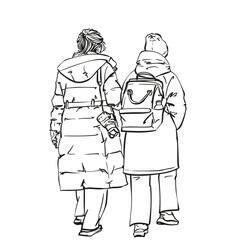 Hand-drawn vector illustration of two people walking side by side in winter clothing, view from behind. Black and white line art, isolated on white. Companionship, lifestyle, everyday moments
