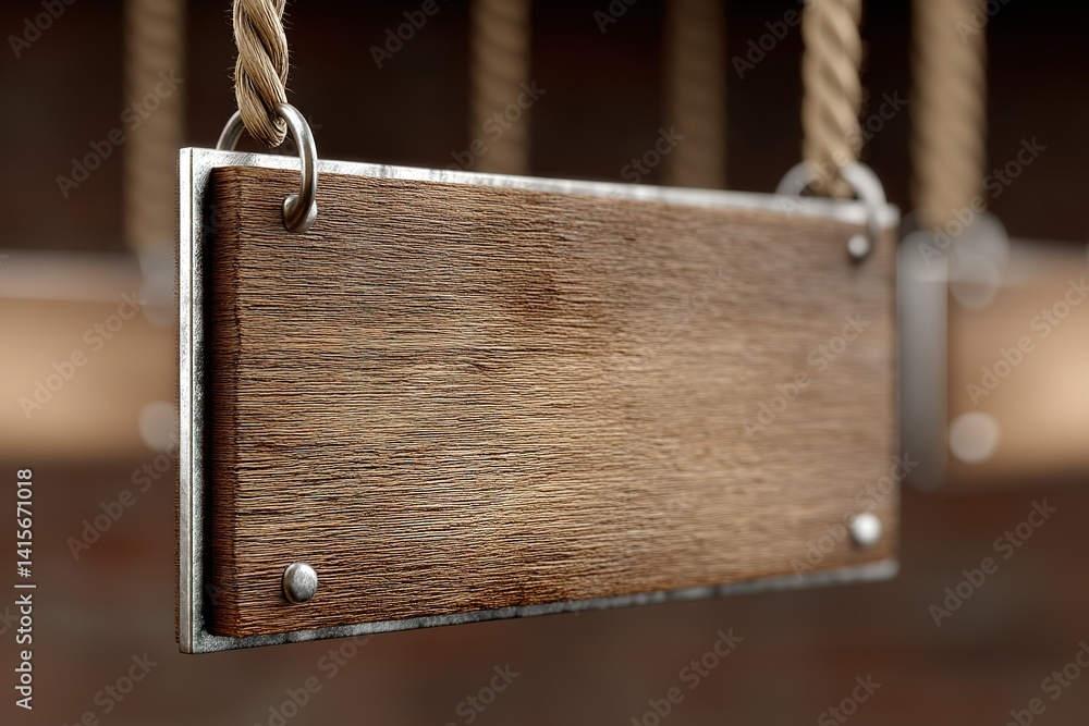 Poster wooden sign hanging from ropes in a rustic setting with a blurred background and a focus on texture