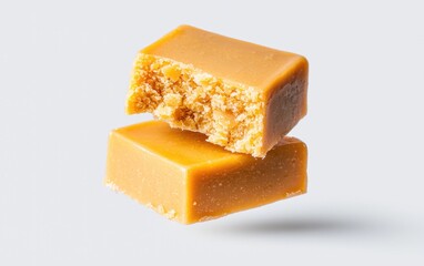 Two pieces of light brown marzipan candy levitate against a solid white background. One piece shows a bite taken out of it, revealing a slightly crumbly texture. The lighting is bright and even