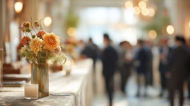Elegantly adorned table with flowers and candle at business event. Networking atmosphere captured with blurred background