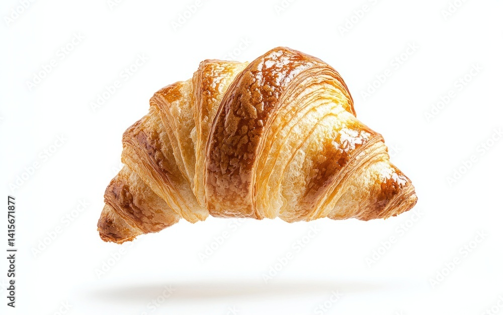 Poster golden brown croissant levitating against a bright white background. the croissant is the only eleme