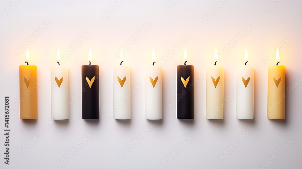 Poster various candles in different colors with flames and minimalist design elements