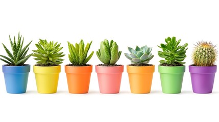 Fototapeta premium Colorful Succulent Plants in Bright Pots Displayed in a Row