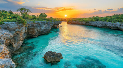 Turquoise waters flow between rocky cliffs under a golden sunset natures beauty and serenity is showcased