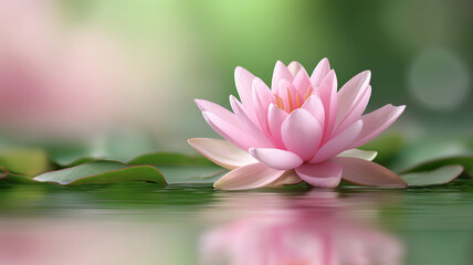 serene pink lotus flower with delicate petals floats gracefully on calm water, surrounded by lush green leaves, creating tranquil and peaceful atmosphere