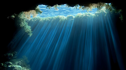 Obraz premium Underwater view from a cave sunlight streams through the opening illuminating the dark water and vibrant coral reefs