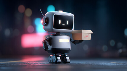 cute futuristic food delivery robot with glowing eyes holds box, standing on city street at night. scene is illuminated by colorful bokeh lights, creating lively atmosphere