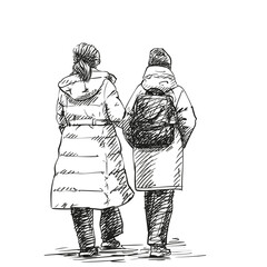 Hand-drawn black and white vector illustration of two women walking together in winter clothes, viewed from behind. Sketch with shading isolated on white. Friendship, travel, urban lifestyle concepts