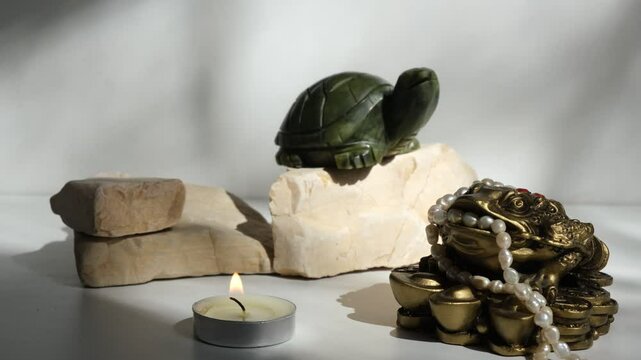 Jade turtle on stone podium, mascot symbolizing prosperity, success and longevity. The Money Frog, Three-Legged Toad or Chan Chu, charm. Wealth, prosperity. Attract financial opportunities. Candleligh