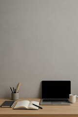 Work Desk Setup With Laptop, Notebook, and Stationery in Minimal Design at Home Office