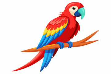 Obraz premium Colorful Cartoon Scarlet Macaw Bird Perched On Branch Isolated Illustration
