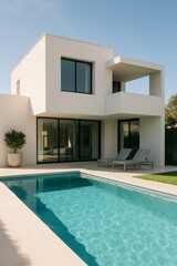 Fototapeta premium Modern Minimalist House With Pool and Large Windows in Sunny Outdoor Setting