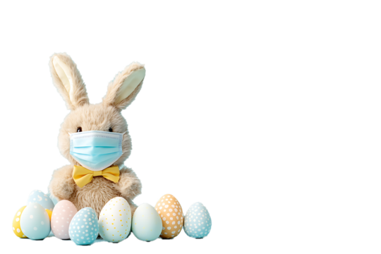 Easter bunny wearing a mask with pastel eggs,