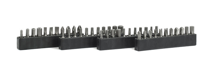 Screwdriver bit set close-up, white background.