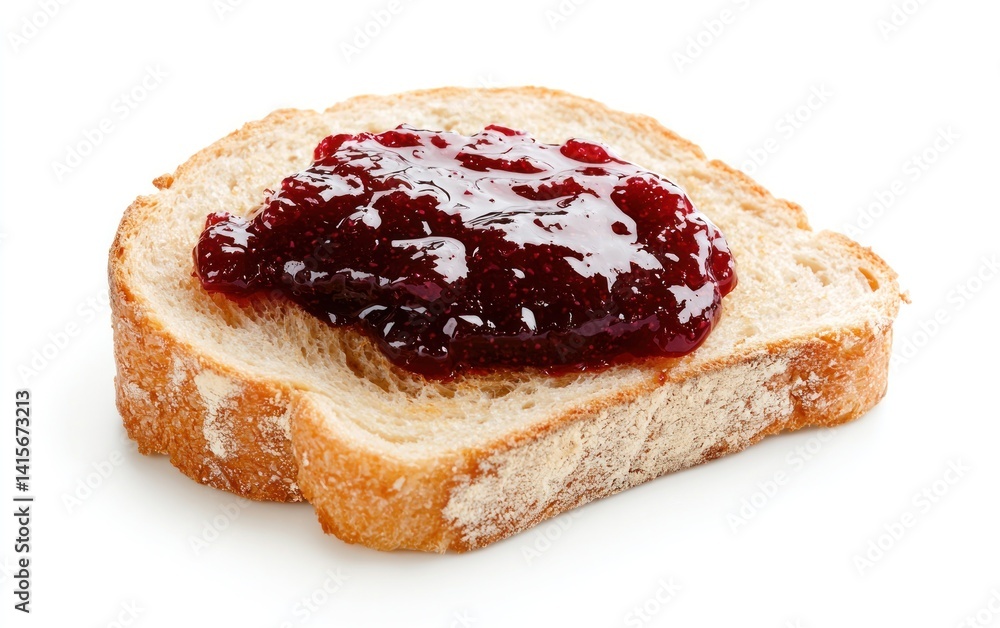 Poster close-up of a slice of bread with a generous spread of dark red jam. the bread is light brown, and t