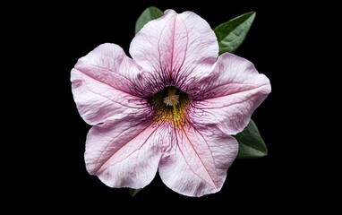 Naklejka premium Pink petunia flower with purple veins levitates against a stark black background. Detailed view showcasing the flower's texture and delicate structure. High-key lighting accentuates the petals