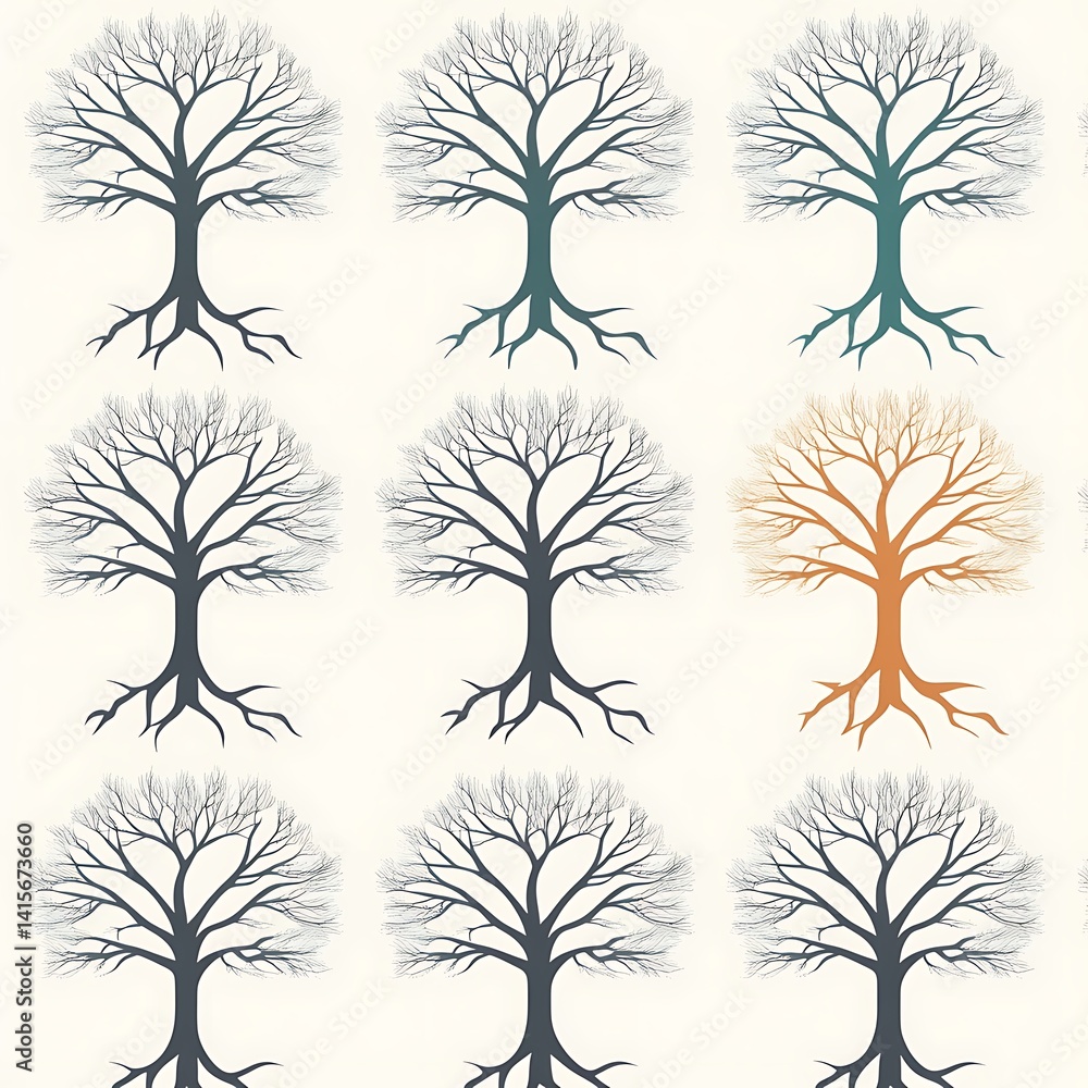 Poster stylish tree patterns in various colors on a light background for design projects