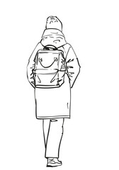 Hand-drawn vector illustration of person walking away in winter clothes with a backpack. Clean black line art, isolated on white background. Ideal for urban lifestyle, travel, casual lifestyle