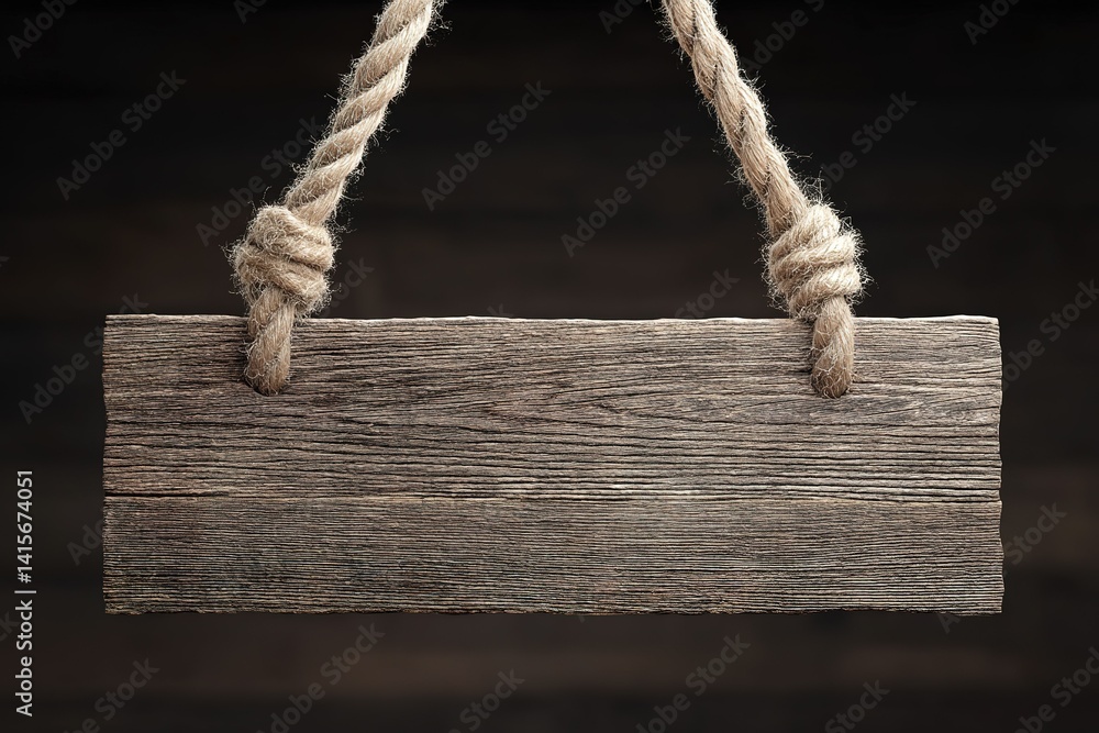 Aufkleber rustic wooden sign hanging by rope against a dark background creating a simple yet charming display 