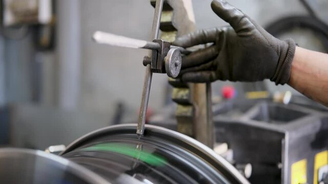 Car alloy wheel repair. Mechanic measures the difference in rim height, close-up