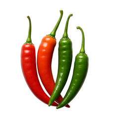 Three vibrant chili peppers, a fiery red and two zesty greens, curve elegantly against a stark white background, showcasing their rich colors and smooth textures.