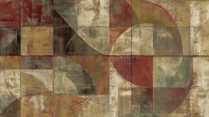 Abstract Geometric Painting Featuring Earthy Tones and Overlapping Shapes