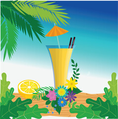 Realistic color drink fruits and glasses of cold fresh juice on leaves with sky backgrounds. Colourful square flyer poster banner vector illustration design.