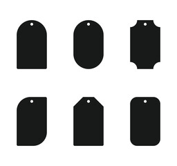 Black price tags on a white background. Cardboard labels with a thread.