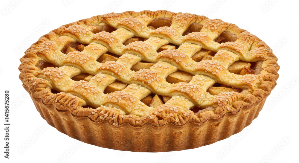 Poster a whole apple pie with a lattice crust and sprinkled topping on a black background isolated view