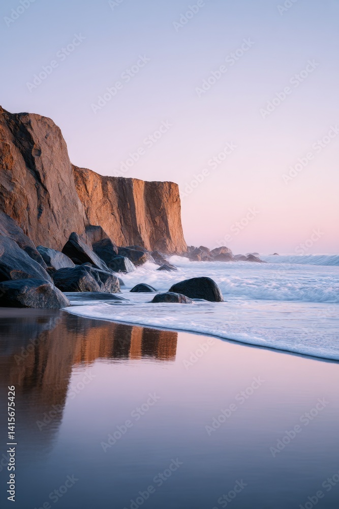 Poster serene seaside landscape at dawn with cliffs above frothy waves and pastel sky reflecting on wet sto