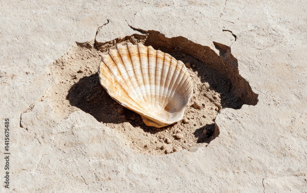Poster close-up of a fossilized seashell nestled in light beige sandstone. the shell exhibits a ribbed text