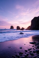 Serene seaside landscape at dawn with cliffs above frothy waves and pastel sky reflecting on wet stones Generative AI