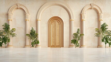 Fototapeta premium Elegant arched hallway with marble columns and lush green plants, showcasing classical architectural design.