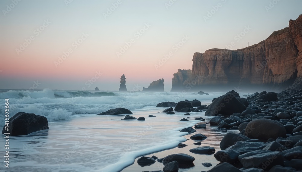 Poster serene seaside landscape at dawn with cliffs above frothy waves and pastel sky reflecting on wet sto