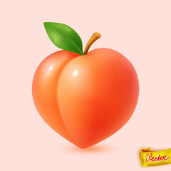 Glossy vector illustration of a ripe peach with green leaf and stem, isolated on soft pink background. Perfect for healthy food concepts, summer themes, packaging, and organic product designs