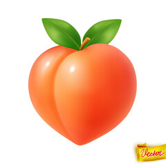 High-quality vector illustration of a ripe peach with two glossy green leaves and stem, isolated on white background. Perfect for healthy food, organic products, summer themes, and packaging