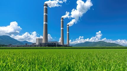 Industrial emissions control power plant photography rural landscape wide angle environmental impact