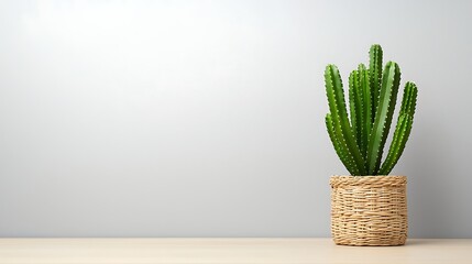 Green Cactus Plant in Wicker Basket on Neutral Background with Simple Modern Style