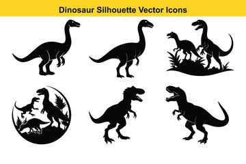 Funny and Cute Dinosaur Set with Silhouettes and Wild Animal Cartoon Illustrations.
