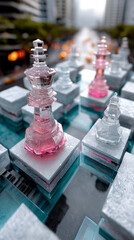 Futuristic Cityscape with Glass Chess Pieces in Cyberpunk Style