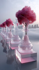 Futuristic Chessboard Above Foggy Cityscape with Human Silhouettes