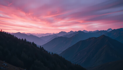 Fototapeta premium Dreamy Pink Sky Over Mountains – Cinematic Landscape with Soft Glow