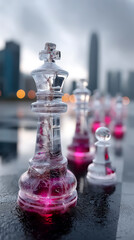 Futuristic City with Glass Chess Pieces in Cyberpunk Style