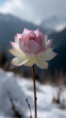 Layered Flower with Snowy Mountains Background