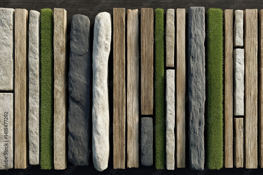 Aufkleber texture and pattern display of wooden and stone materials with greenery on a flat surface
