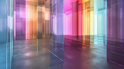 Modern abstract interior space with translucent colored glass panels creating vibrant light reflections on the floor. Architectural concept design.
