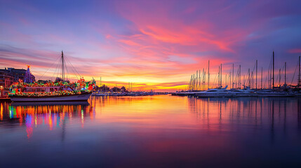 Fototapeta premium Colorful Marina Sunset With Illuminated Boats